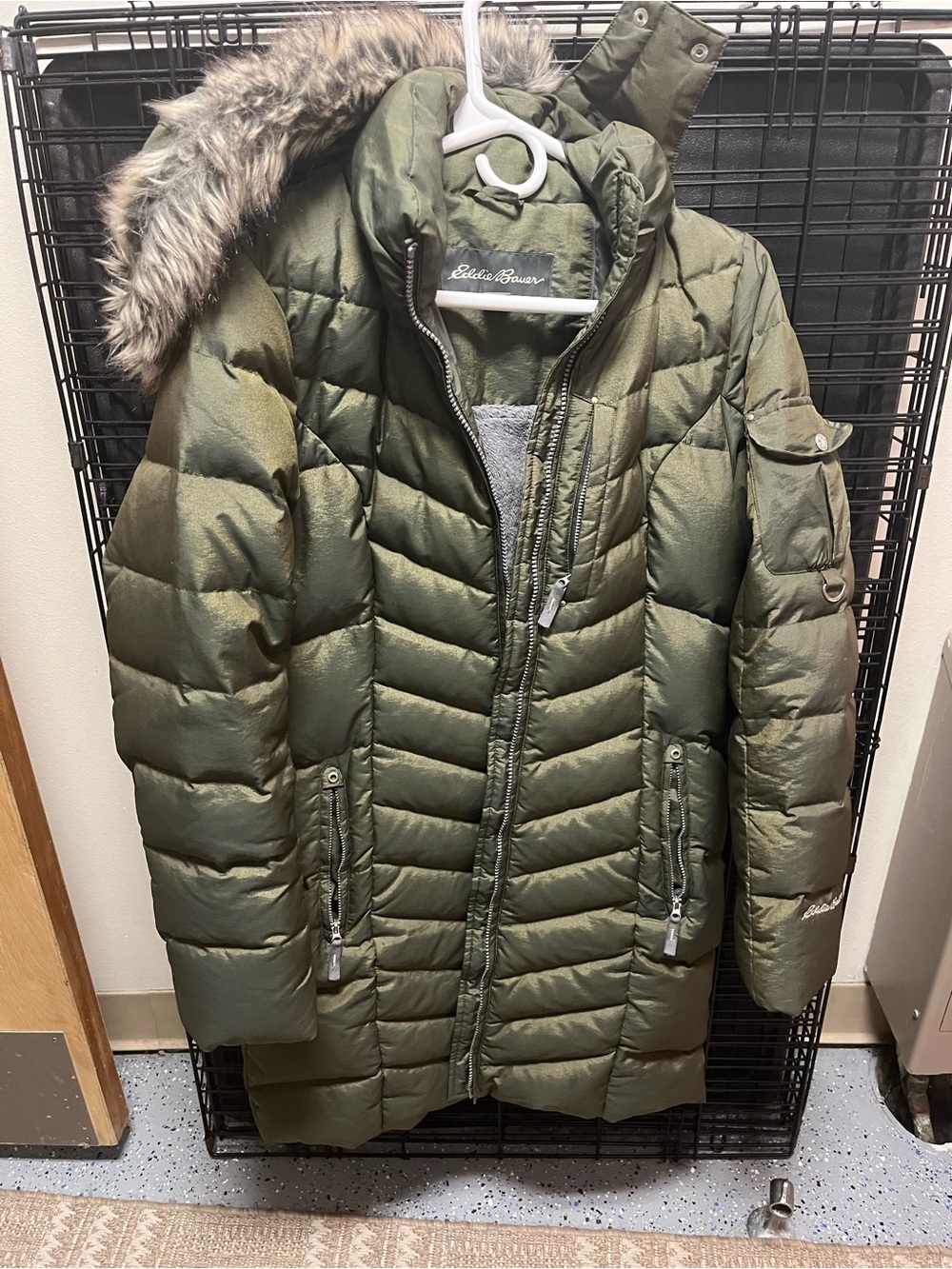 Eddie Bauer Olive Green Quilted Puffer Coat with Faux Fur Trim Hood